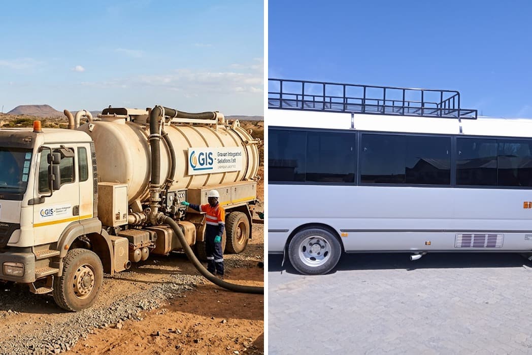 A Gravan-branded oilfield vacuum truck on site in East Africa, alongside a Gravan crew shuttle bus used for people movement.