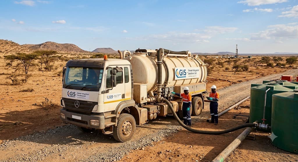 A Gravan-branded oilfield vacuum truck and crew transferring fluids on site in East Africa.